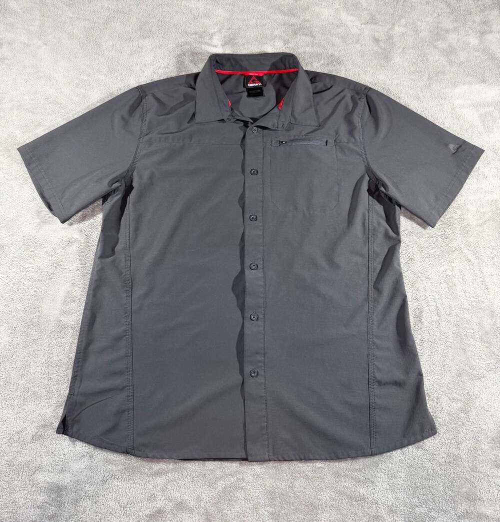 Gerry Mens XL Short Sleeve Button Up Ripstop Stretch Gray Shirt
